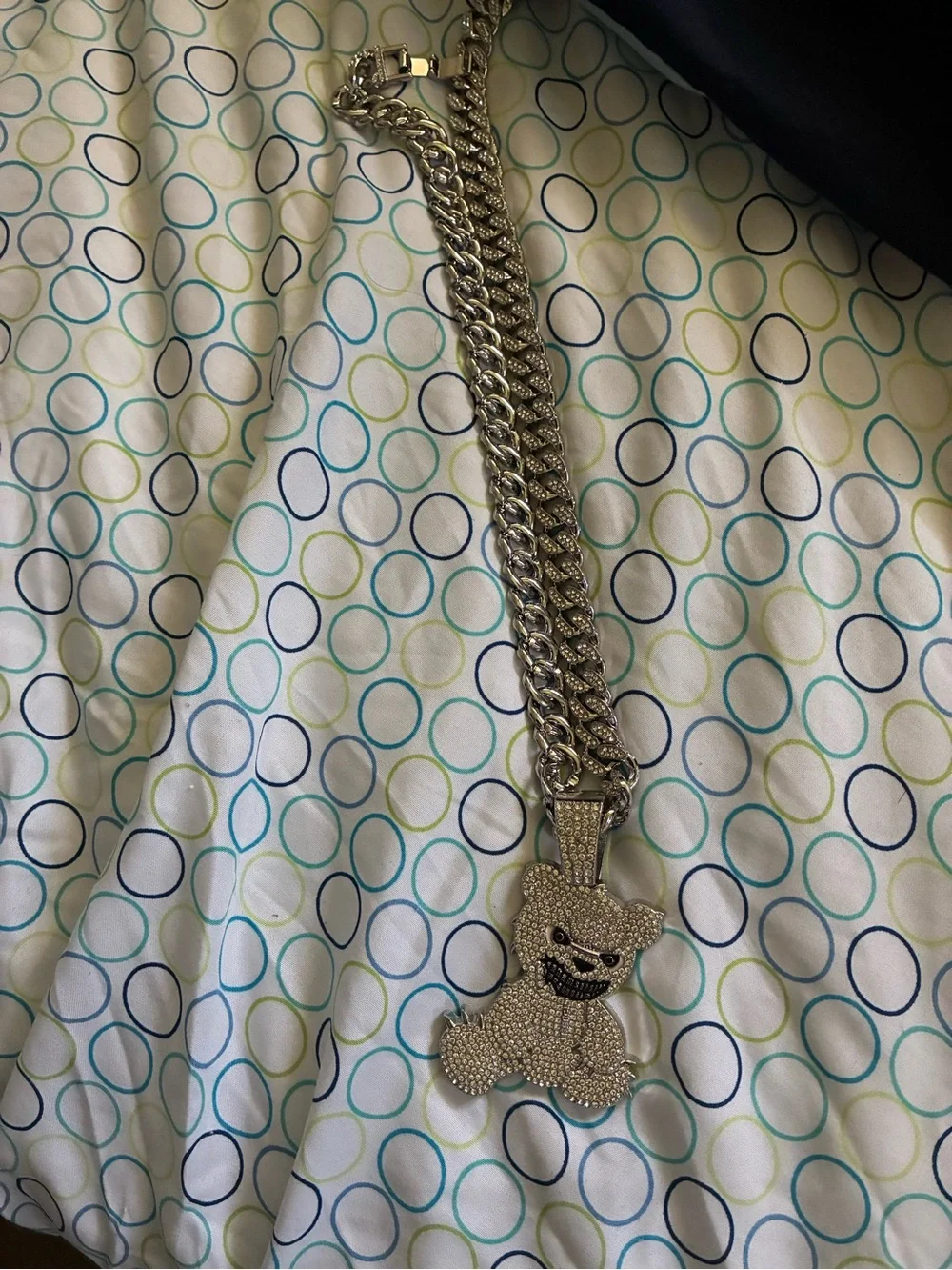Iced Out Silver Teddy Pendant Cuban Chain Necklace